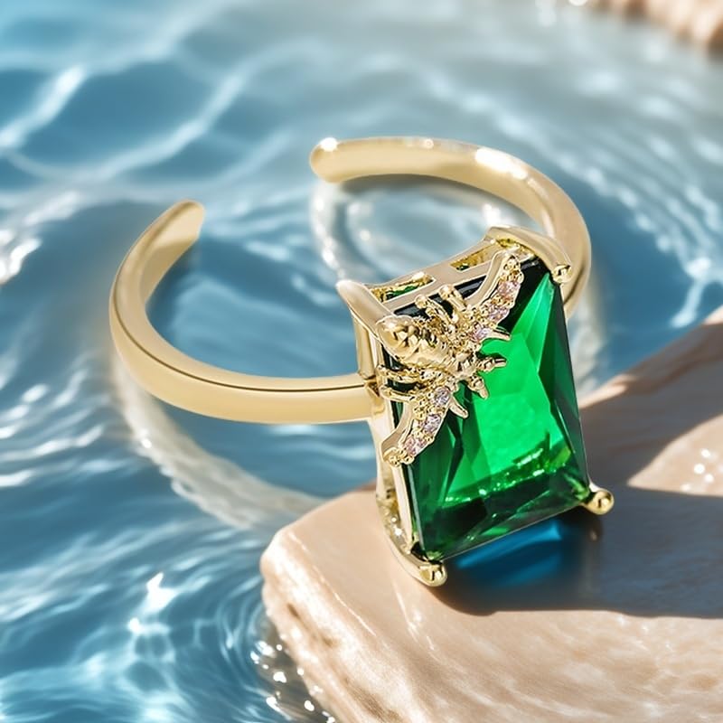 Emerald Green CZ Square Statement Ring for Women 14K Gold Plated Cute Honeybee Bee Rectangle Crystal Adjustable Open Finger Bands Stacking Wedding Engagement Promise Rings Delicate Jewelry for Bride4