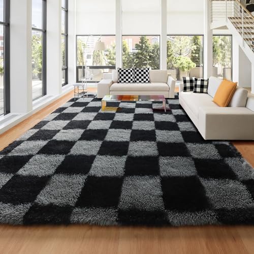 Image of KICMOR Large Rugs for Living Room 7x10 Area Rug, Black and Grey Big Fluffy Shag Shaggy Fuzzy Checkered Bedroom Carpet, Indoor Soft Plush Rug for Kids Boys Girls Dorm Nursery Home Decor Aesthetic