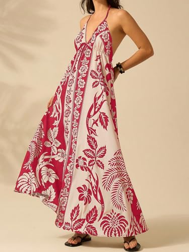 Image of SHENHE Women's Summer Tropical Floral Halter Maxi Dress Open Back Empire Waist Flowy Boho Dress