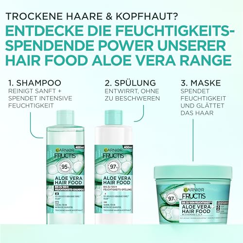 Garnier Fructis Feuchtigkeitsspendendes Haarpflege-Set für normales & trockenes Haar, mit Vitamin- und Lipidkomplex, Aloe Vera Hair Food Shampoo, Spülung, 3in1 Maske (400 ml)