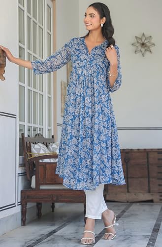 Image of Janasya Women's Chiffon Lurex Floral Printed A-line Kurta