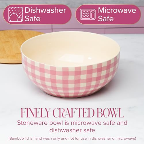 Image of Paris Hilton Serving Bowl with Bamboo Lid, Stoneware Salad Bowl with Pink Gingham Print Exterior, Lid Doubles as Cutting Board, 10-Cup, Pink