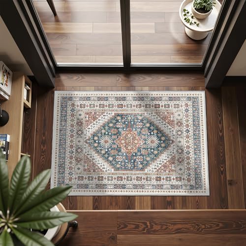 Restydon 2x3 Entryway Rug Vintage Washable Rug Runner for Kitchen, Blue/Red