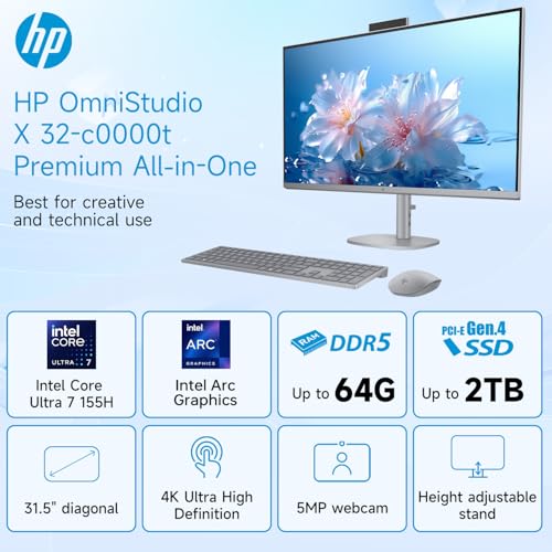 Image of HP OmniStudio X 32 AI All-in-One Desktop, 31.5 inch UHD (3840 x 2160) 550nits, Intel Ultra 7 155H (16-core), 64GB DDR5 RAM, 2TB SSD, Wi-Fi 6, Wireless Keyboard &Mouse, Win11 Home, w / 64GB USB Flash Drive