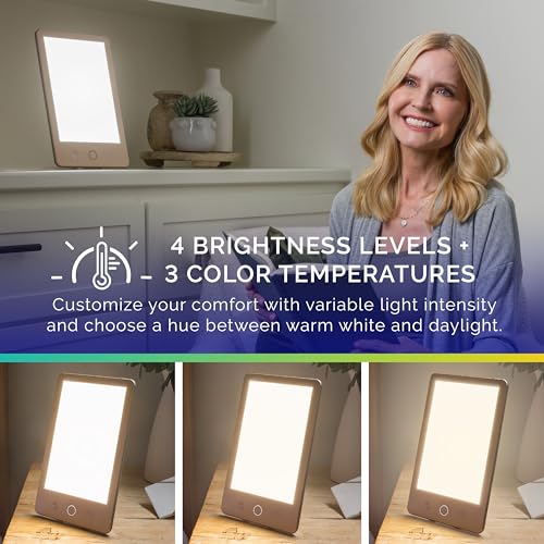 Image of Verilux HappyLight Luxe - Light Therapy Lamp with 10,000 Lux, UV-Free, LED Bright White Light with Adjustable Brightness, Color, Countdown Timer, & Stand - Boost Mood, Sleep, Focus (Champagne Gold)
