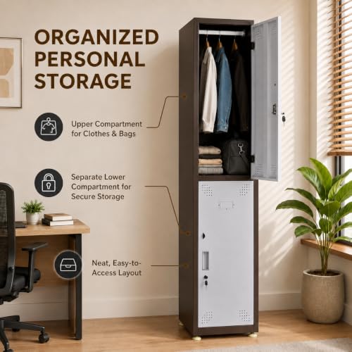Image of Amazon Brand - Solimo 2 Door Steel Staff Locker Cabinet | Heavy Duty Lockable Storage Cupboard for Office Gym School Hostel Home | Powder Coated Metal Personal Storage Locker (Brown)