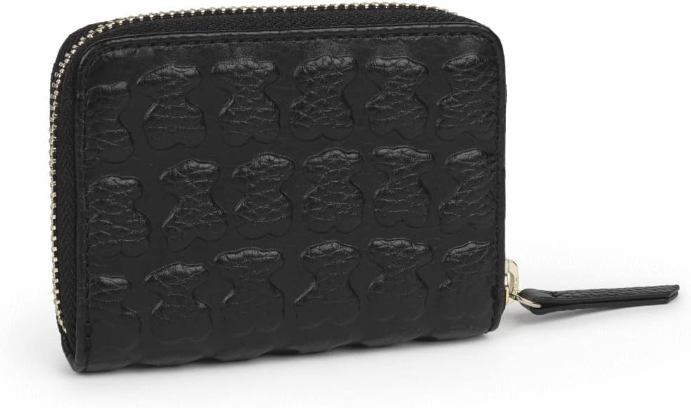 TOUS Medium Black Engraved Leather Purse, For Women, Zipper Closure, Personalized Appliques in Gold, Measures 8x10.5x2.5cm, Beautiful and Elegant, Sherton Collection