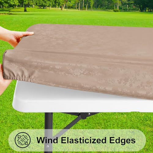 Image of Smiry Heavy Duty Vinyl Fitted Tablecloths for 6 Foot Rectangle Tables | Elastic Waterproof Fitted Tablecloths, Wipeable Washable Table Cover for Kitchen, Dining, Camping (Khaki, 30 inch x 72 inch)