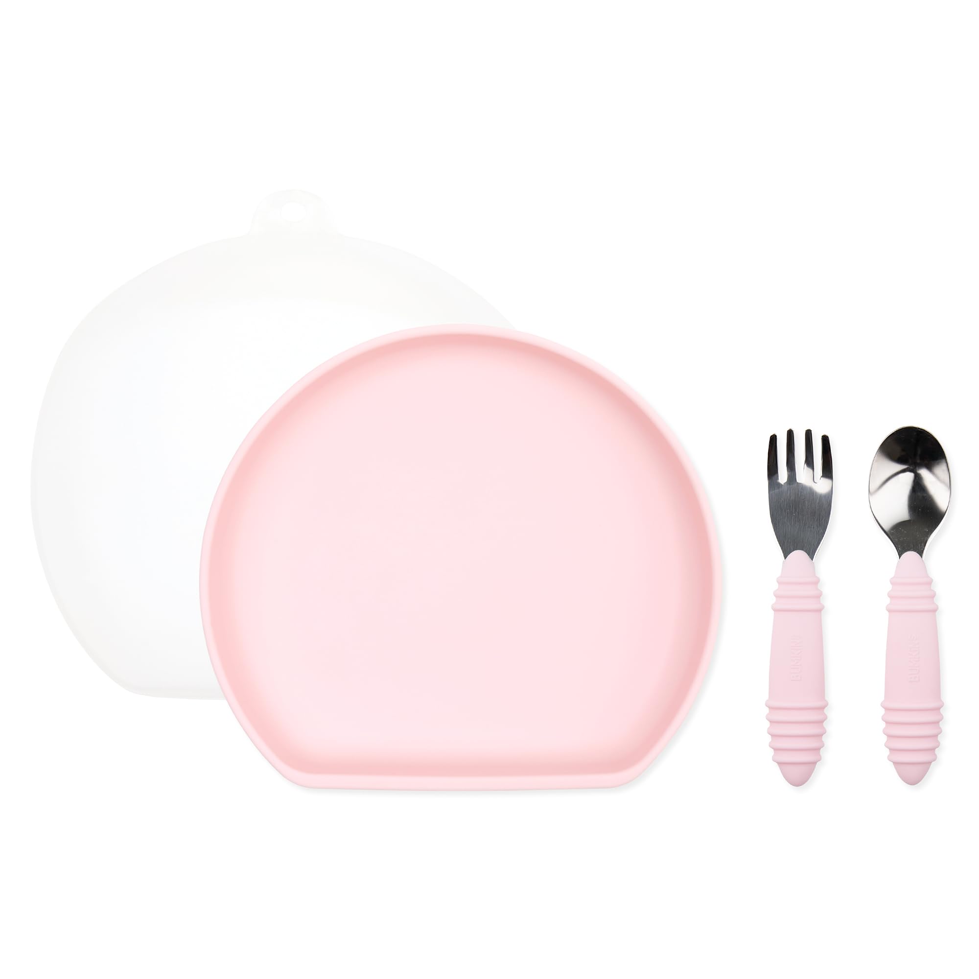 Plato de agarre de silicona Bumkins, tenedor, cuchara y tapa para niños de 18 meses. Base de succión. 100% silicona apta para alimentos. Apto para horno, microondas, congelador y lavavajillas. Rosa.