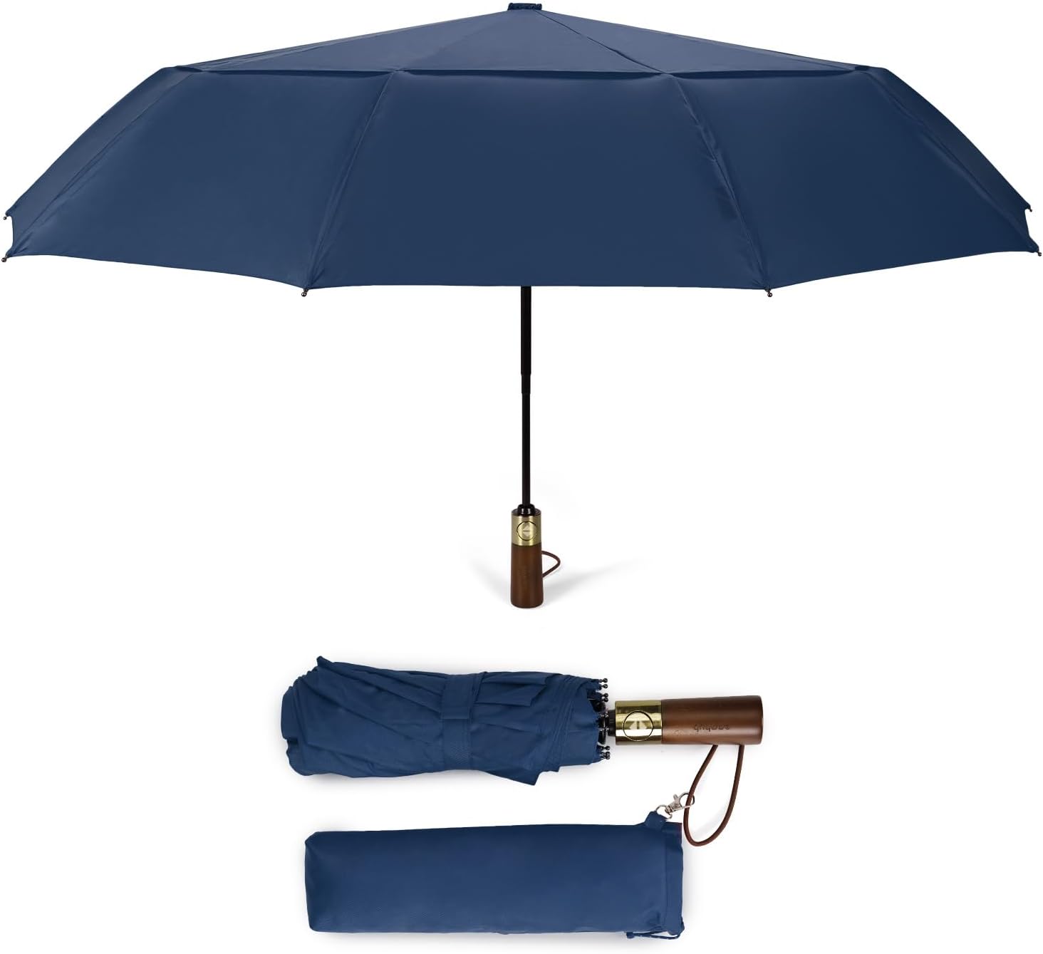 Travel Umbrella Windproof Strong With Compact Foldable, Automatic Open/Close, 10 Sturdy Ribs, Recycled PET Fabric, Wooden Handle & Ventilated Waterproof Canopy - Anti-Lost Sleeve, Navy Blue