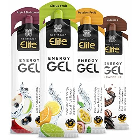 8 x Flavoured Energy Gels | Healthspan Elite Developed with British Cycling | 24g Dual Source Fast Acting Carbs | 3 Electrolytes -Sodium, Potassium & Calcium | Informed Sport Accredited | Vegan Cover