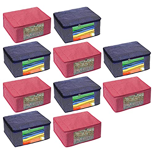 Image of Dress Set|Saree Organizer Bag|Cotton Saree Cover Closet Orgnizer /Saree Bags for Wardrobe Orgnizer Clothe Covers |with Transparent Window Set| Bag Clothe (Pack of 10, Pink + Blue)