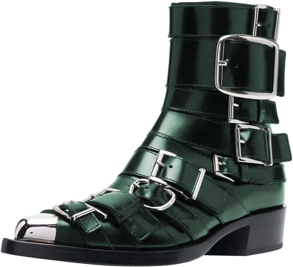 FSJ Women Classic Metal Pointed Toe Buckles Ankle Boots Side Zipper Block Low Heel Ladies Stylish Street Walking Daily Shoes Size 4-16 US