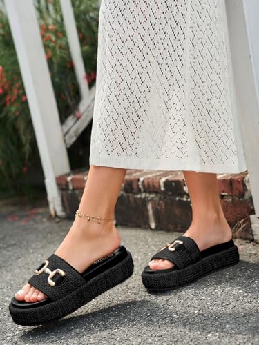Image of Coutgo Womens Platform Sandals Raffia Espadrilles Metal Chain Slip on Open Toe Cute Beach Slide Sandals