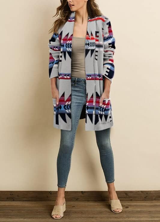 Women Boho Cardigan Aztec Open Front Long Sleeve Shawl Collar Sweater Coat - Image 3