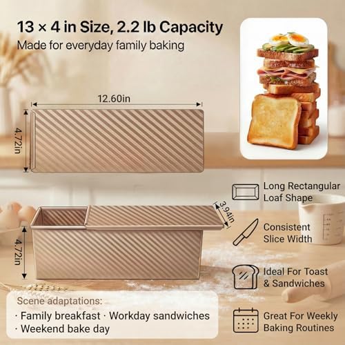 2.2 Lb Pullman Loaf Pan with Lid, 13x4 Nonstick Carbon Steel Bread Pan for Sandwich & Sourdough, Rectangular Corrugated Toast Box Mold for Oven Baking, Heavy Duty Easy Clean Bakeware (Gold) - Thumbnail 2