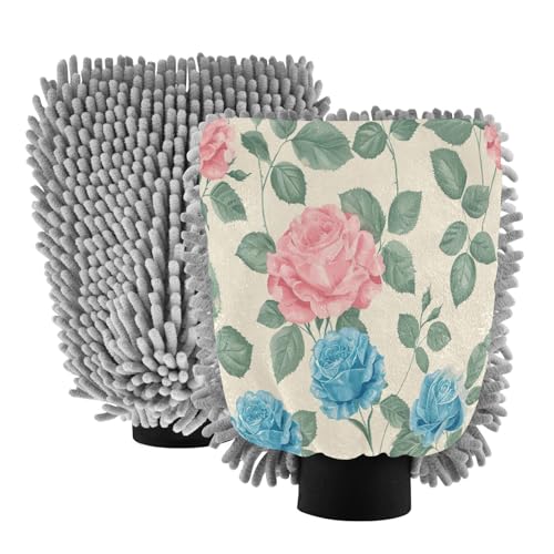 Kigai Beautiful Flowers Car Wash Mitt Microfiber, 2Pcs Scratch Free Lint-Free, Premium Chenille Microfiber Mitt Car Wash Brush-M