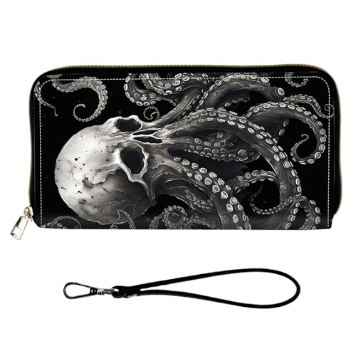 Women Wallets Large Capacity Clutch Purse for Men Women Ladies Slim Purse Credit Card Holder, RFID Blocking Wristlet Cell Phone Wallet for Men Women, Octopus Skull