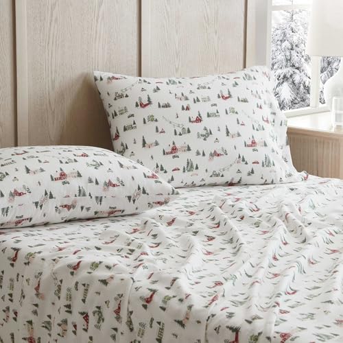 Image of Martha Stewart - Flannel Sheets Twin Size, Anti-Pilling & Wrinkle Resistant Cotton, Touchably Soft for All-Season Comfort - Bed Sheets with Matching Pillowcase & Fitted Sheet (Ski Village Green)