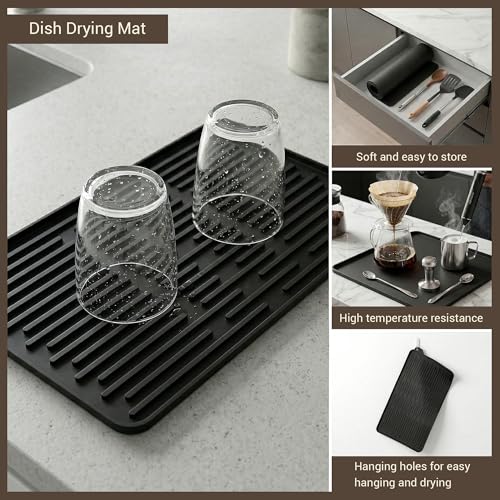 Image of Silicone Coffee Mat for Countertop, 16x16 inch Heat Resistant Espresso Machine Mat, Non-Slip Coffee Bar Mat with Detachable Drying Area and Raised Edge, Waterproof Station Pad - Black