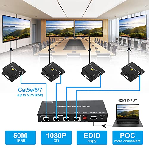 Image of VPFET HDMI Extender Splitter Up to 165ft 1 in 4 Out Over Cat5e or 6 or 7 Repeater Balun Ethernet Sender Transmitter Receiver Support 1080p EDID Presets POC is Only Need TX Power for Work