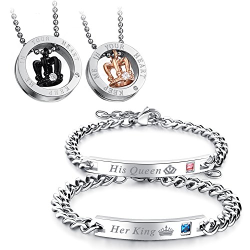 Flongo Paar-Schmuckset Partner Armbänder + Partner Halsketten paar geschenke Edelstahl-Halskette und -Armband mit Gravur Halskette mit Ring Geschenke für Jahrestage Valentinstage Geburtstage