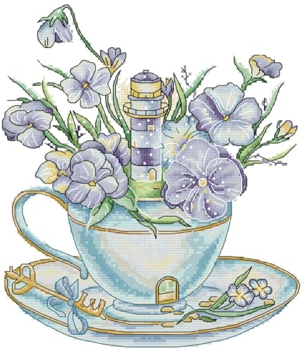 Awesocrafts Kit de punto de cruz, diseño de faro en taza de té con pensamientos, patrones fáciles, punto de cruz, bordado, costura, suministros