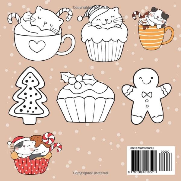 Mini Coloring Book CHRISTMAS CATS, CUPCAKES & COCOA: 7.5 x 7.5 Pocket Size For Travel On The Go, Cute Easy Winter Holiday Designs for Calming Stress for Beginners, Seniors, Adults and Kids image 3
