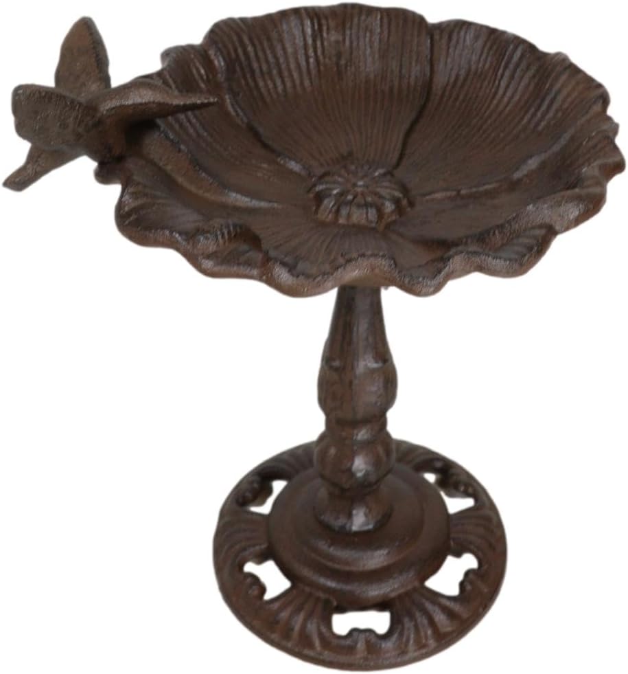Ebros Gift 10.5" Tall Cast Wrought Iron Metal Rustic Cozy Cottage Whimsical Garden Hummingbird Perching On Flower Dish Bird Feeder Or Bath Sculpture for Lawn Pool Patio Outdoors Decor
