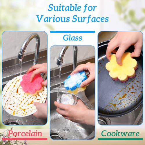 Image of Oruola 3pcs Flower Sponges, Dual-Sided Temperature Scrubbies for Dishes | Flower Kitchen Scrub Pads, Dish Washing Sponge,Dual-Sided Temperature Scrubby Sponges for Dish Bathroom Kitchen Washing Plus