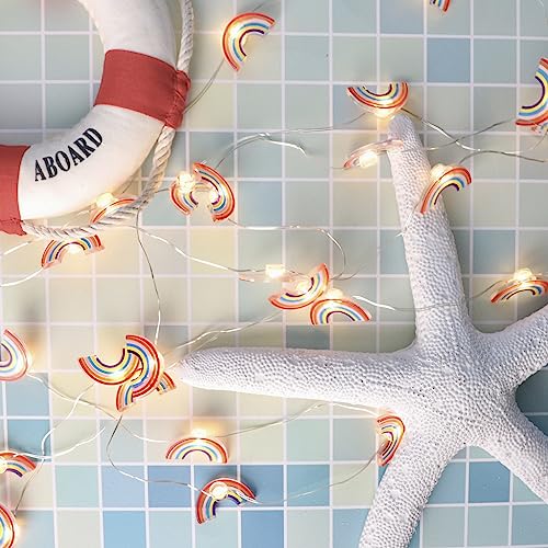 Image of Fairy String Lights 10FT 30LEDs Rainbow Theme Battery or USB Operated with Remote Summer Boho Pink Hanging Lights for Patio Garden Home Party Wedding Classroom Girl Room Decorations