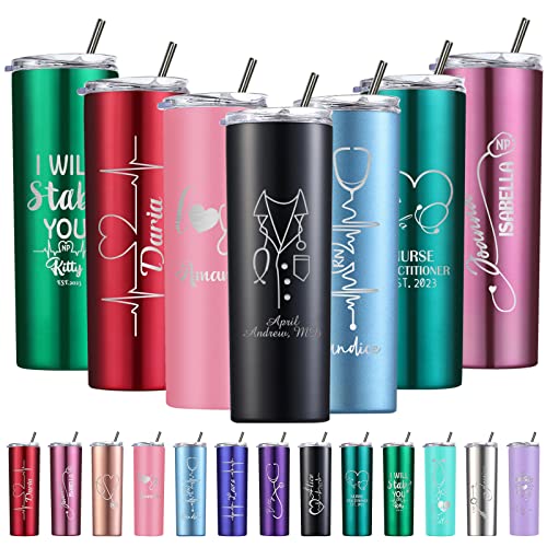 Hodmec Cadeaux pour infirmières Gobelet Personnalisé avec Couvercle et Paille Gobelet Isotherme 20 oz gravé au laser Gobelet en acier Inoxydable Personnalisé avec...