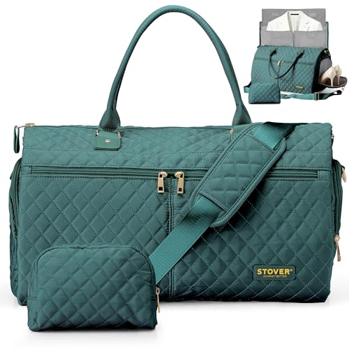 STOVER Womens Convertible Garment Duffel Bag for Travel 2-in-1 Carry-On Weekender/Overnight Tote - Wrinkle-Free Dresses Suits & Clothes + Shoe Compartment & Bonus Toiletry Bag (Emerald Green)