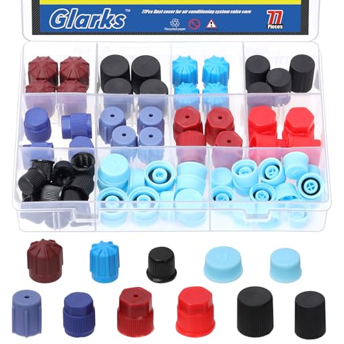 Glarks 77pcs 11 Tipos Car Auto AC Valve Core Dust Caps Kit, Tapas de núcleo de válvula de plástico, Tapa de Puerto de Carga del Sistema de CA, Tapa de Aire Acondicionado a presión para sedanes