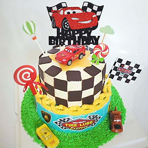 Artczlay Happy Birthday Cake Decoration Racing Flash Cake Topper Checkered Flag Racing Theme Party Supplies Baby Shower Car Theme Traffic Theme Party Cake Topper (Black And Red) #TOP1