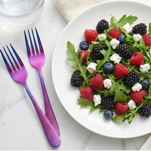 Image of 6.7 inch Rainbow Hammered Salad Forks | Set of 5 Durable Stainless Steel Fruit Forks | Mirror Polished Silverware for Home, Restaurants, and Gift Giving