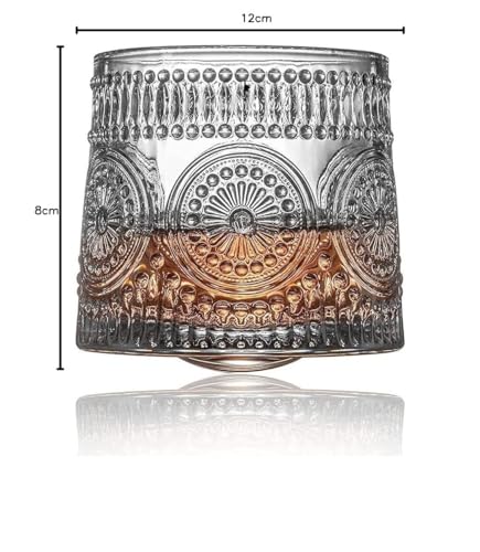 Image of Spinning Vintage Embossed Whiskey Glass - 170ml - Set of 4, Retro Patterned Tumbler for Whiskey, Scotch, Bourbon & Cocktails - Lead-Free Crystal Drinkware (4, Rotating Embossed)