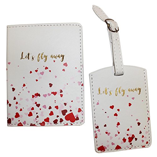 Widdop Couverture de protection de passeport et étiquette de bagage Motif à curs et inscription Let's Fly Away