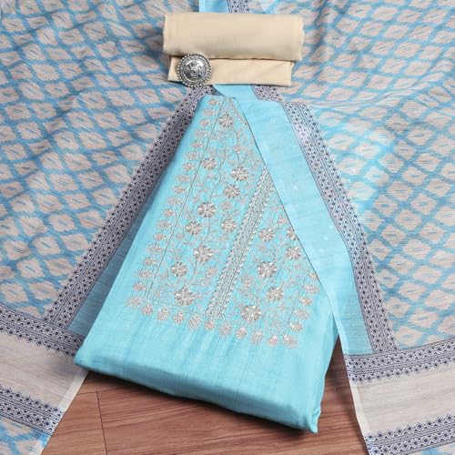 Image of BIBA Women Beige Cotton Machine Embroidered Unstitched Suit Set