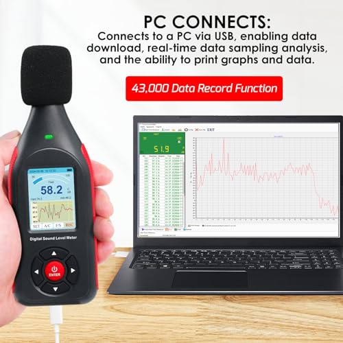 Schallpegelmessgerät Dezibel-Messgerät Datenlogger mit A/C-Frequenzbewertung, schneller/langsamer Reaktion, 43.000 Datensätzen, Echtzeit-Sampling, USB/PC-Anschluss, dreifarbige LED-Lärmwarnanzeige