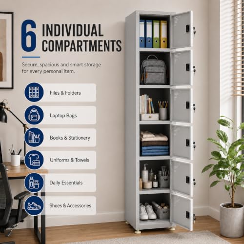 Image of Amazon Brand - Solimo Vertical 6 Door Steel Storage Locker, 183 CM Height Floor Standing Metal Cabinet with Individual Locks & Keys, Powder-Coated Havells Grey for Gym, School, Office & Workplace