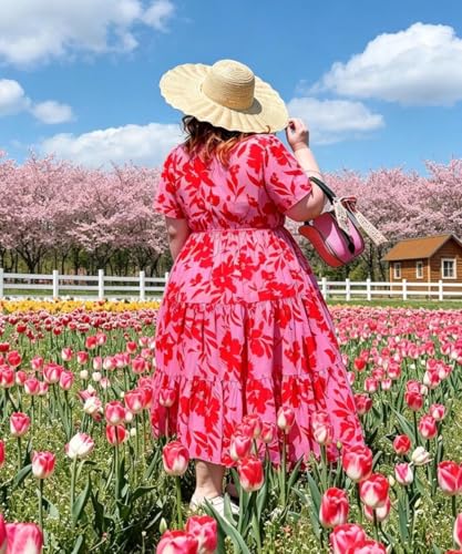 Image of TIYOMI Women Plus Size Dress Boho V Neck Short Sleeve Beach Maxi Dresses Floral /Stripe /Leaves /Lemon XL-5XL