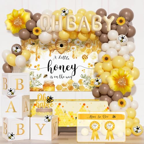 Fiesec Bee Baby Shower Decorations for Boy or Girl 111PCS Honey Bee Theme Party Supplies with Backdrop Balloon Garland Tablecloth Boxes Sash and Badges