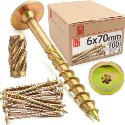 Viti per legno Torx 6,0x70mm, 100 pezzi, viti autofilettanti torx giallo zinco con testa larga TX40, acciaio resistente per pannelli e carpenteria, fissaggi professionali da costruzione – Lun Fix