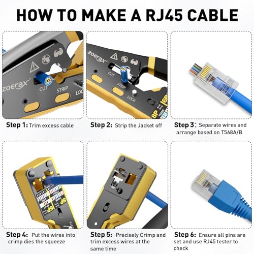 Image of Ethernet Crimping Tool Kit RJ45 Crimp Tools,CAT5 Cat5e Cat6 RJ45 Crimping Tool Kit With Cable Tester, Mini Stripper, Blades,50Pcs Cat 6 Pass Through Connectors and Strain Relief Boots