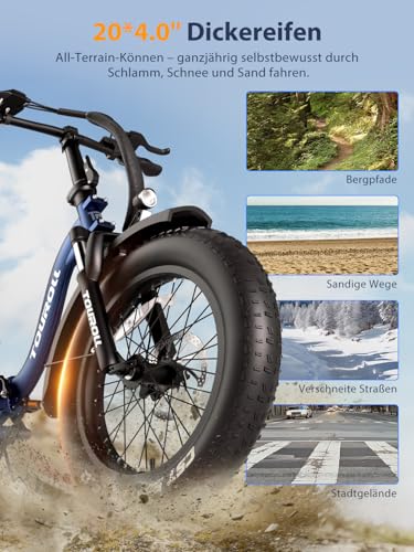 Touroll S2 E-Bike Klapprad Elektrofahrrad mit 20×4.0 Zoll Fat Tire, 48V 720Wh Akku für Lange Reichweite bis...