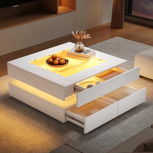 Rosebibi 70 x 70 x 35 cm Mesa de centro con tablero de cristal, mesa de café geométrica con luces LED, 3 cajones, mesa de salón de alto brillo, mesa de sofá, mesa auxiliar, adecuada para espacios