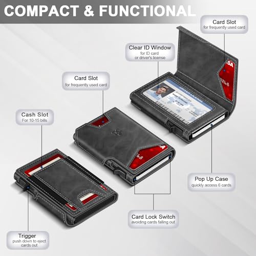Image of Wallet for Men Wallet with Slim Pop Up Card Holder 9-13 Cards, Bifold Minimalist Smart Wallet RFID Blocking Credit Card Holder with ID Window & Stretchable Cash Slot Compact Metal Aluminum Card Case