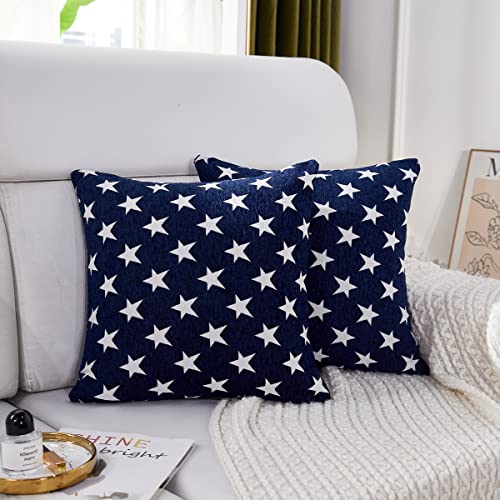 Sunday Praise Set of 2 Soft Chenille Decorative Patriotic Throw Pillow Cover Case Geometric Stars July 4th Accent Square Cushion Cover Case Sham for Couch Sofa Bed Car 18 x 18 Inch 45x45 cm (Blue)