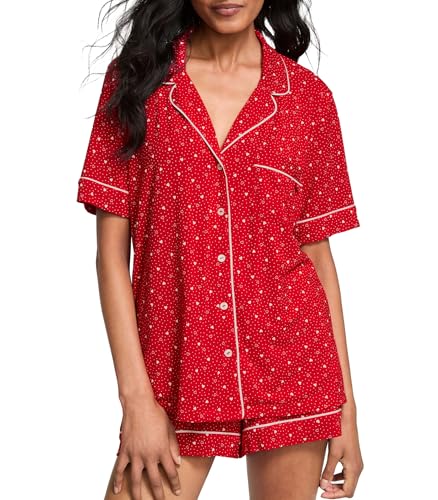Victoria's Secret Conjunto de pijama de modal, camisa de manga corta con botones y pantalones cortos, ropa de dormir para mujer (XS-XXL), Lápiz labial con puntos de corazón, XS